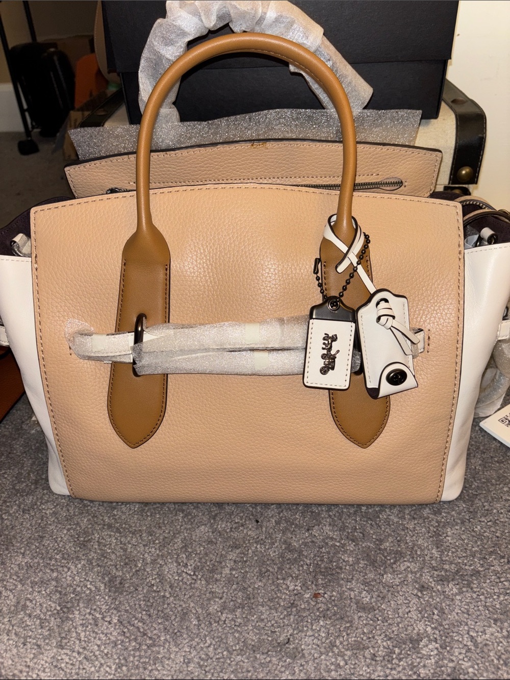 Coach Pebbled Leather Colorblock Satchel in Beige, Tan and White